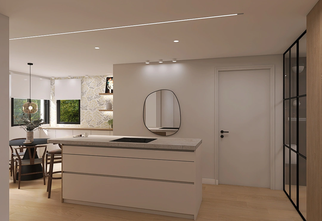 SEDA 14 Cocina Seda nueva color beige con isla y tonos madera
