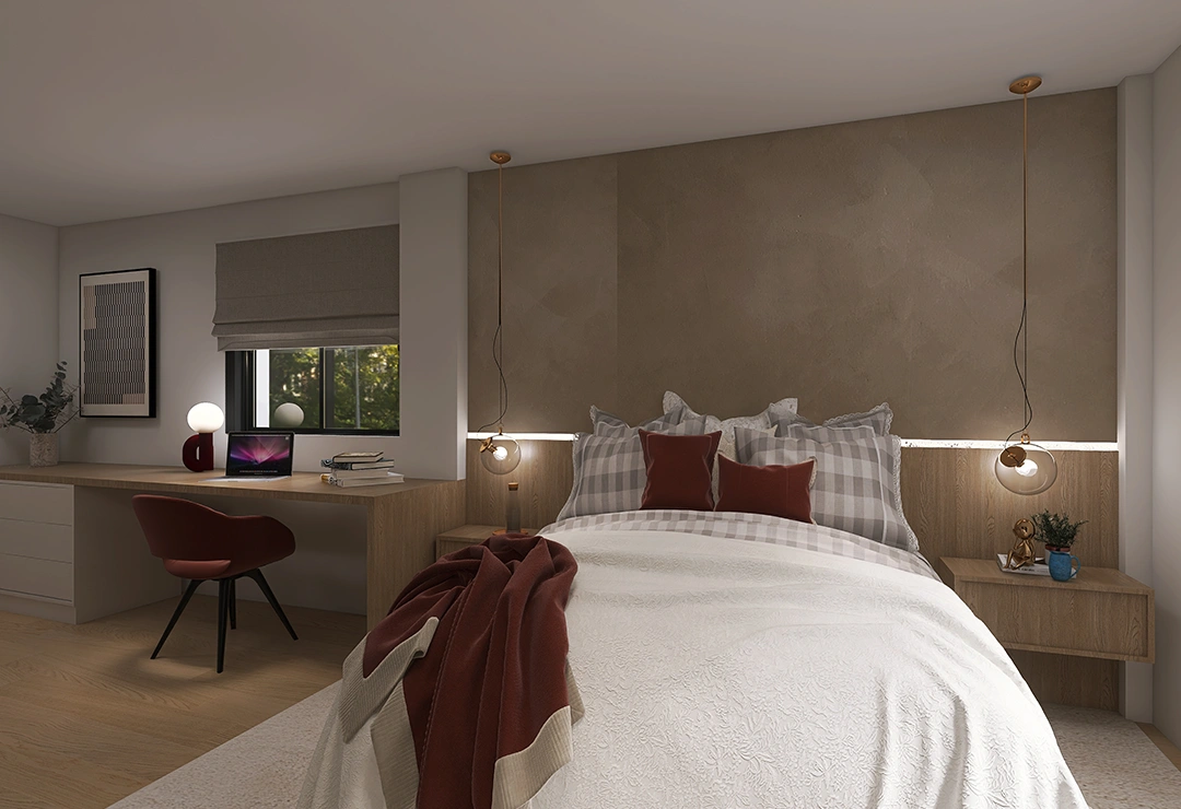 SEDA 22 habitación matrimonio minimalista con tonos burdeos y granates casa seda