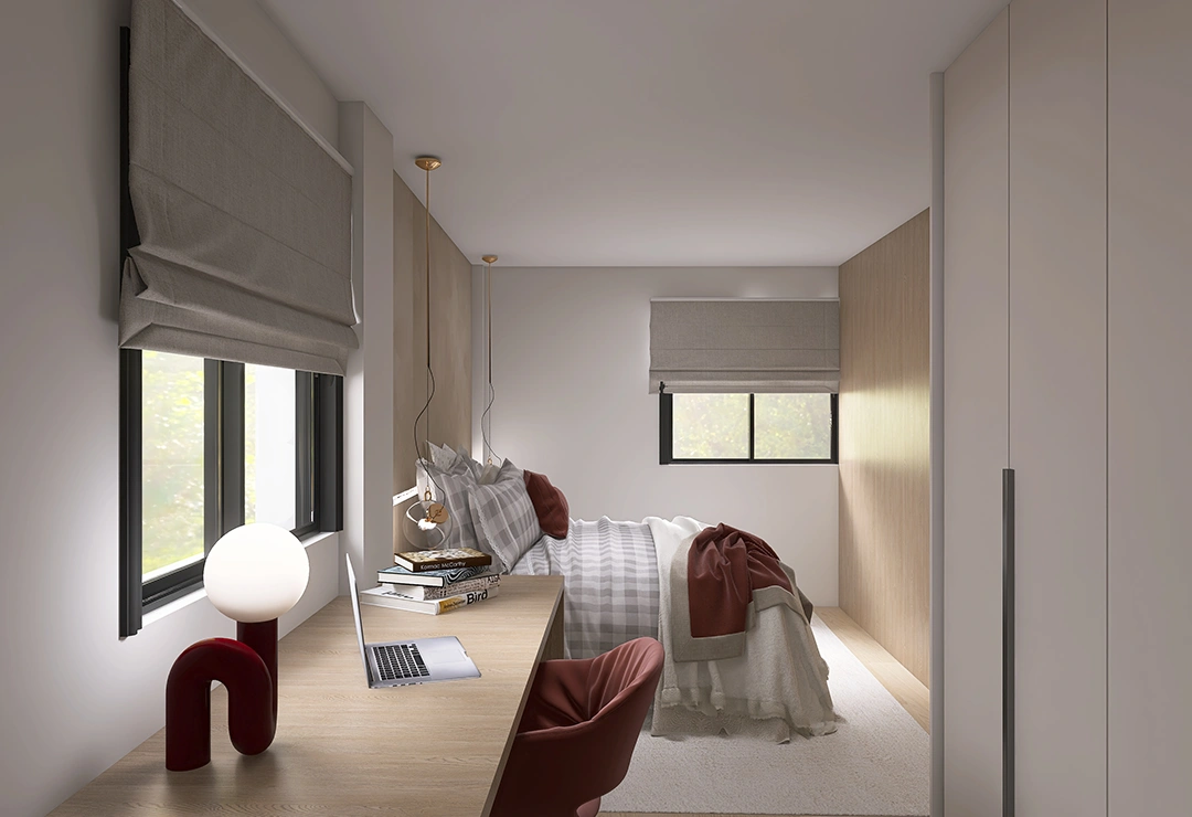 SEDA 24 habitación matrimonio minimalista con tonos burdeos y granates casa seda