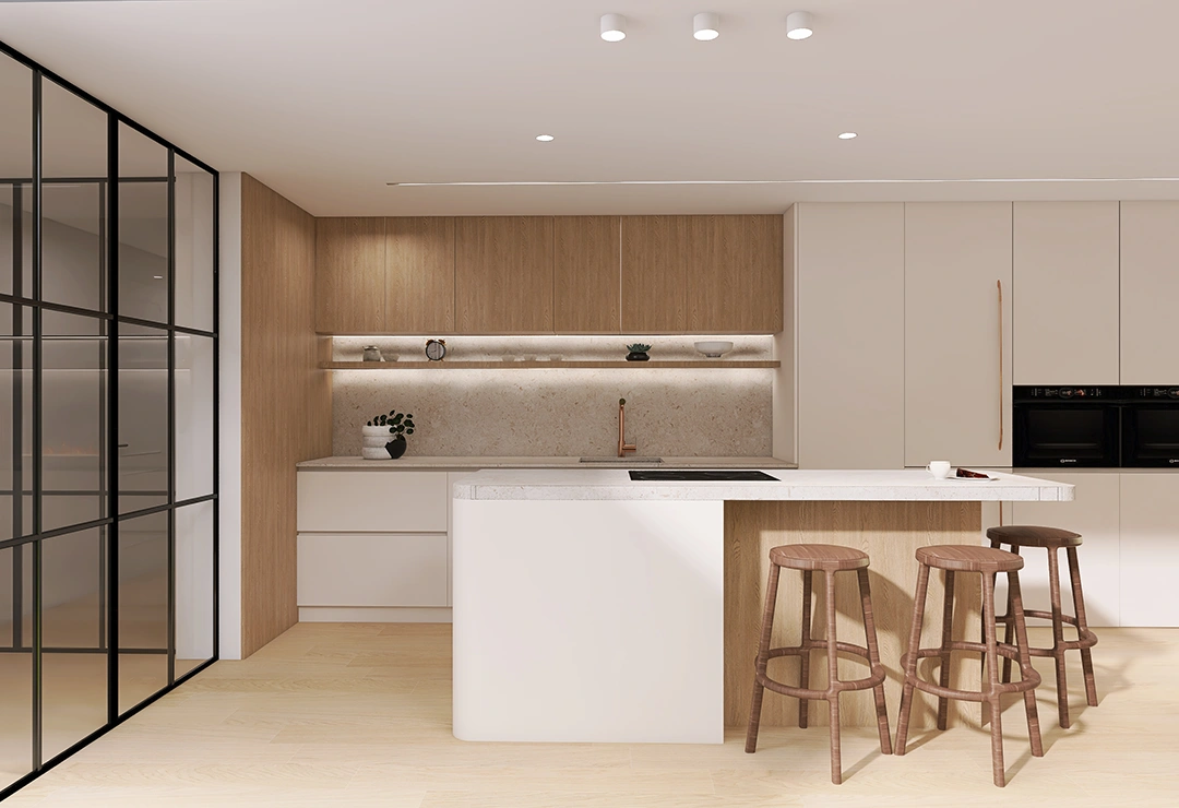 SEDA 4 Cocina Seda nueva color beige con isla y tonos madera