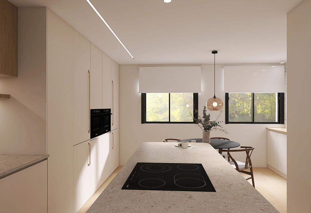 SEDA 6 Plano cocina con vitrocerámica en isla color beige y blanco